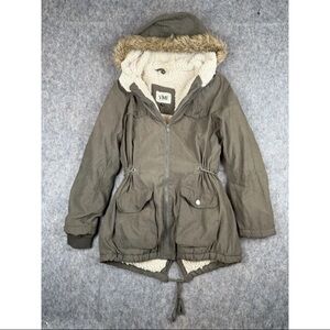 YMI Parka Jacket Women's Small Olive Green Sherpa‎ Lined Faux Fur Hood Full Zip